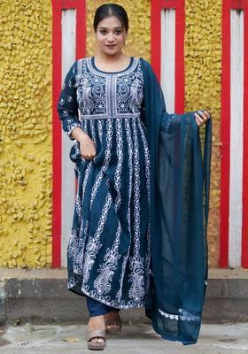 Teal Embroidered Georgette Anarkali Set