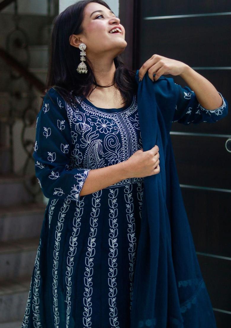 Teal Embroidered Georgette Anarkali Set - Indya