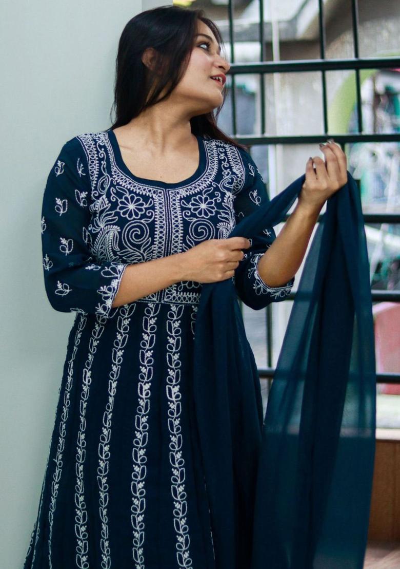 Teal Embroidered Georgette Anarkali Set - Indya