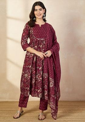 Maroon Printed Viscose Kurta Set