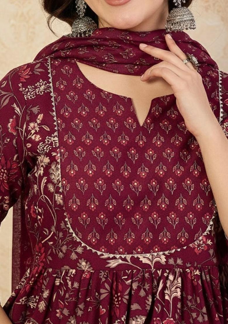 Maroon Printed Viscose Kurta Set - Indya