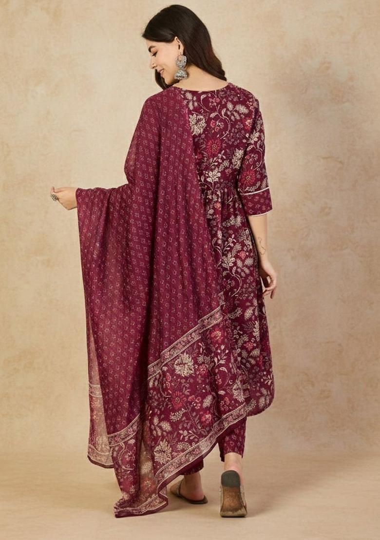 Maroon Printed Viscose Kurta Set - Indya