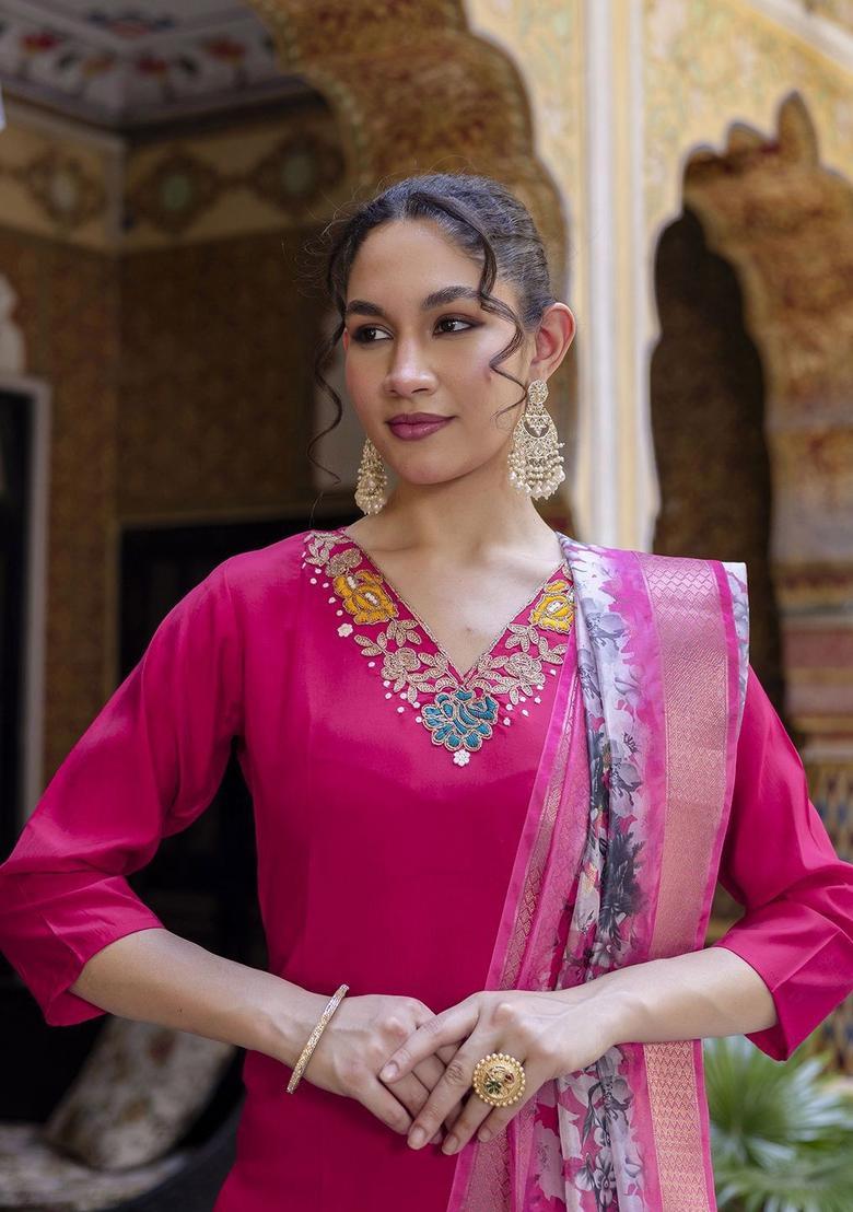 Pink Yoke Design Viscose Kurta Set - Indya