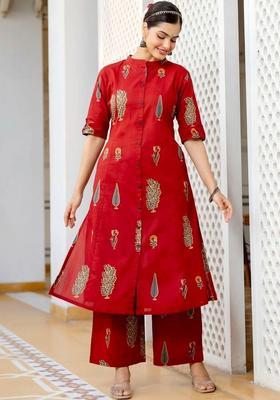 Red Printed Silk Kurta Set