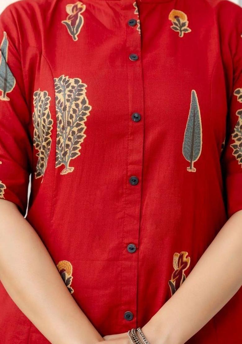 Red Printed Silk Kurta Set - Indya