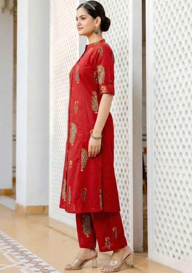 Red Printed Silk Kurta Set - Indya