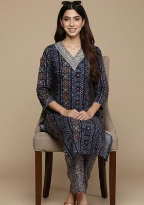 Navy Blue Printed Cotton Kurta Set