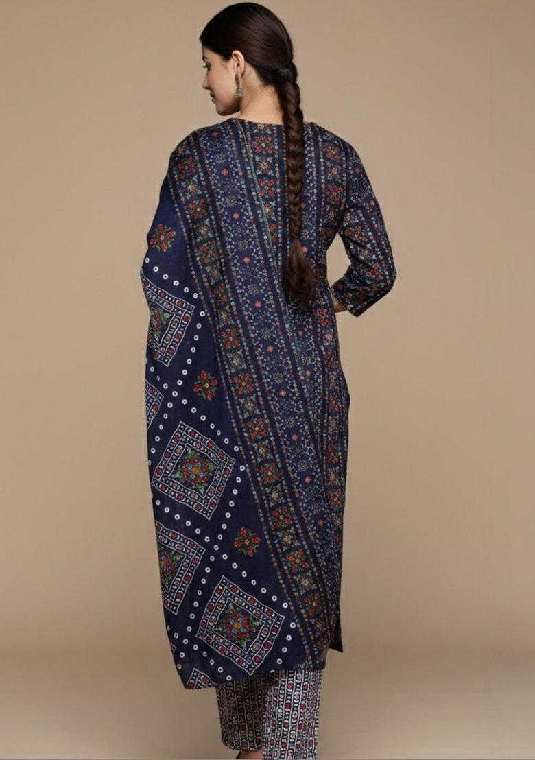 Navy Blue Printed Cotton Kurta Set - Indya