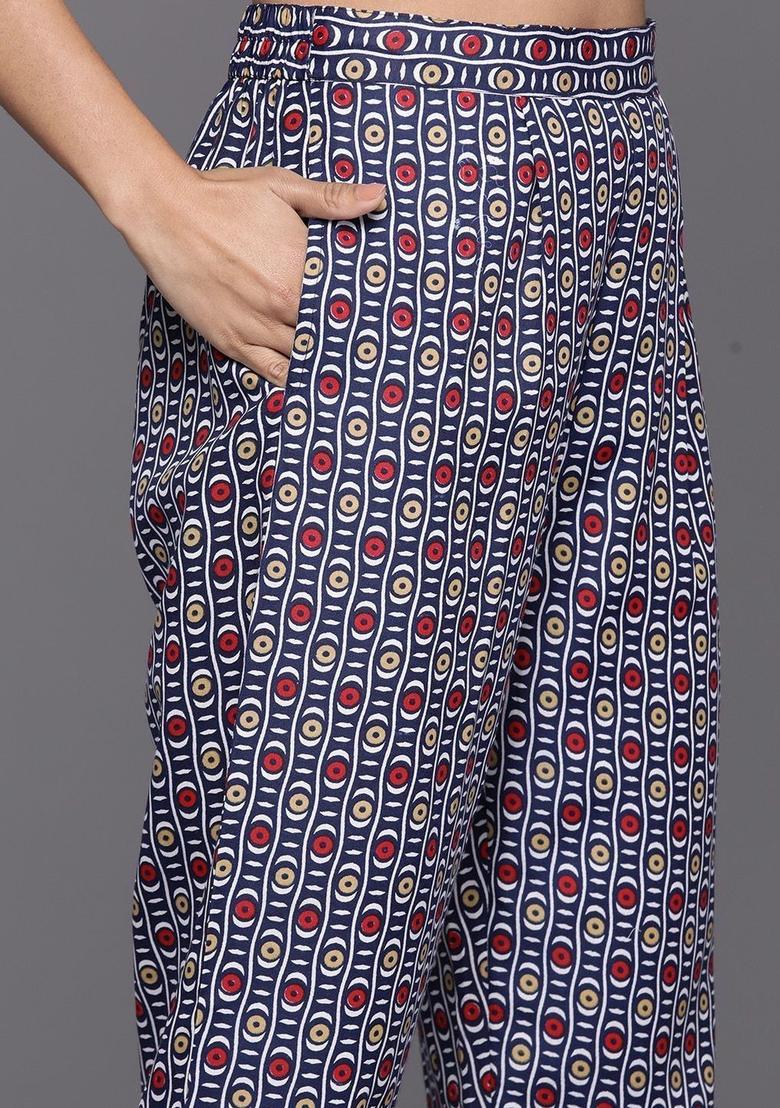 Navy Blue Printed Cotton Kurta Set - Indya