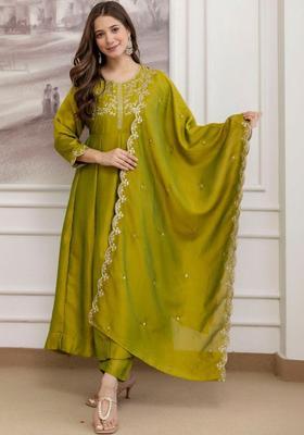 Green Embroidered Silk Kurta Set