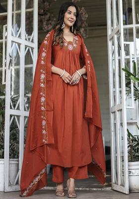 Rust Embroidered Viscose Anarkali Set
