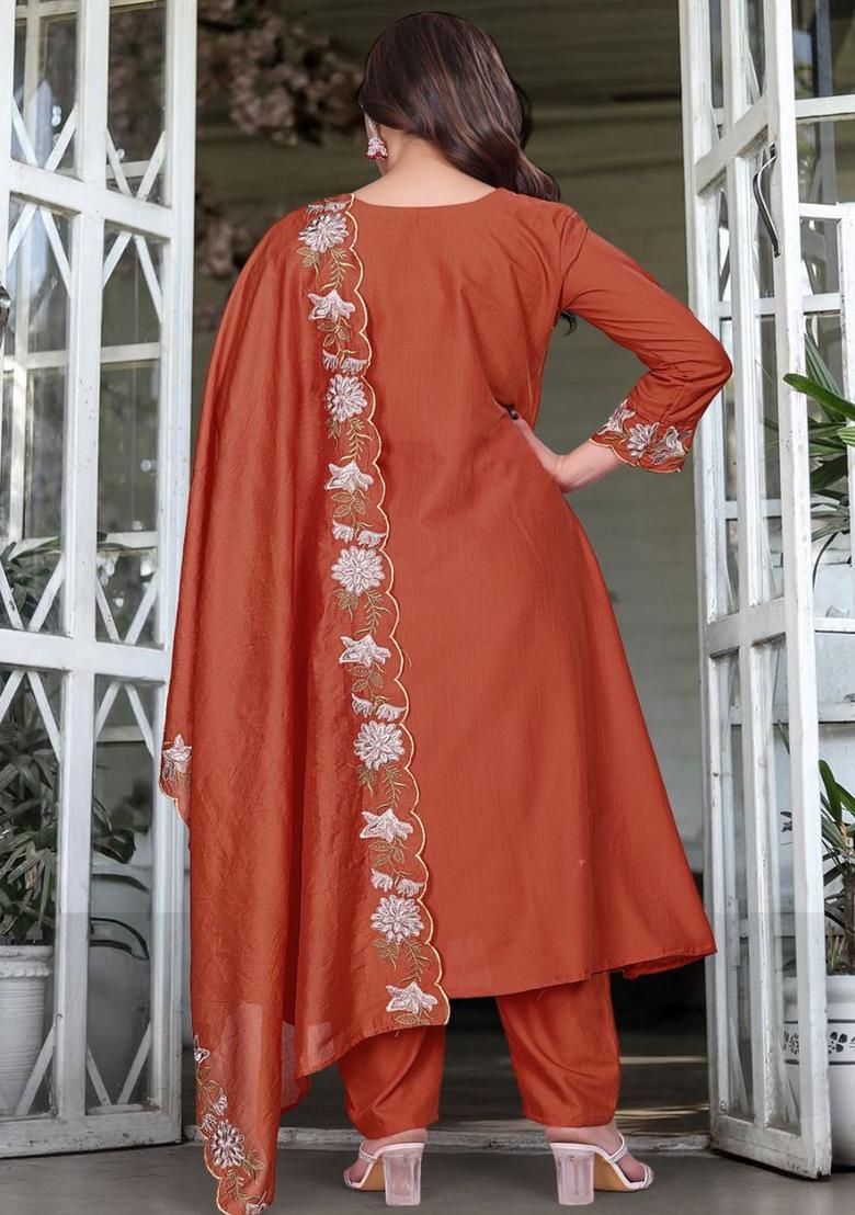 Rust Embroidered Viscose Anarkali Set - Indya