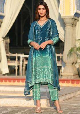 Green Printed Chinon Kurta Set