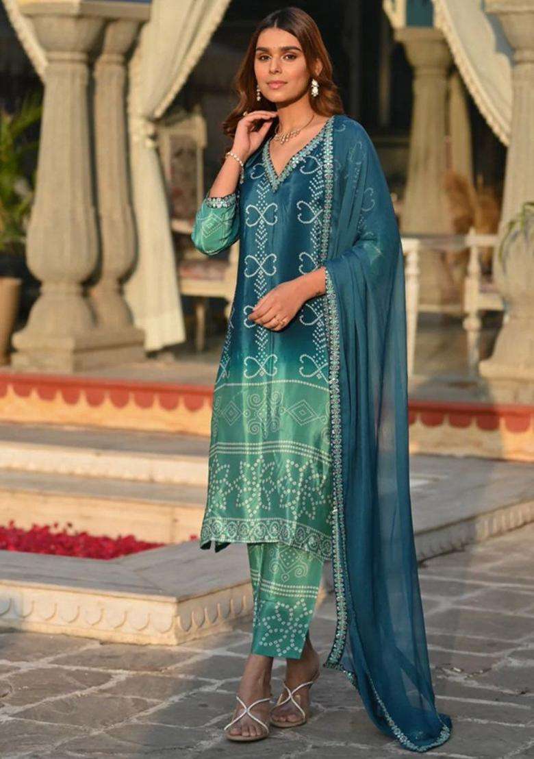 Green Printed Chinon Kurta Set - Indya