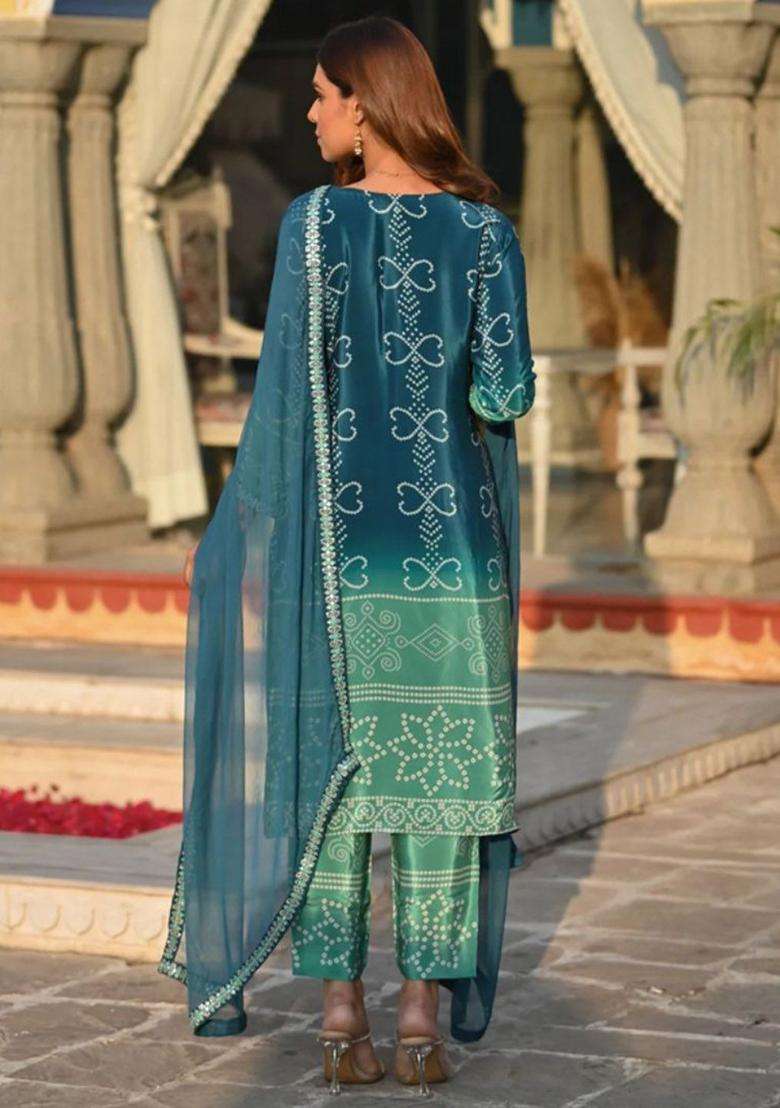 Green Printed Chinon Kurta Set - Indya
