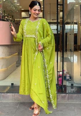 Yellow Embroidered Chinon Kurta Set