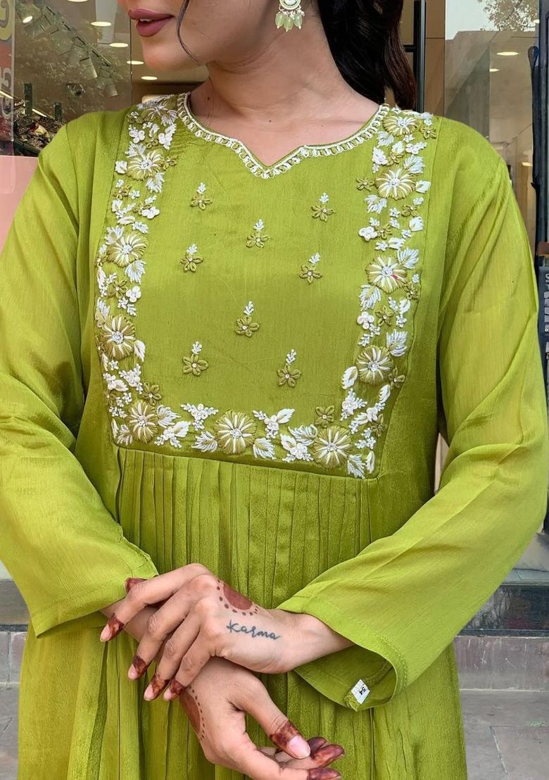 Yellow Embroidered Chinon Kurta Set - Indya