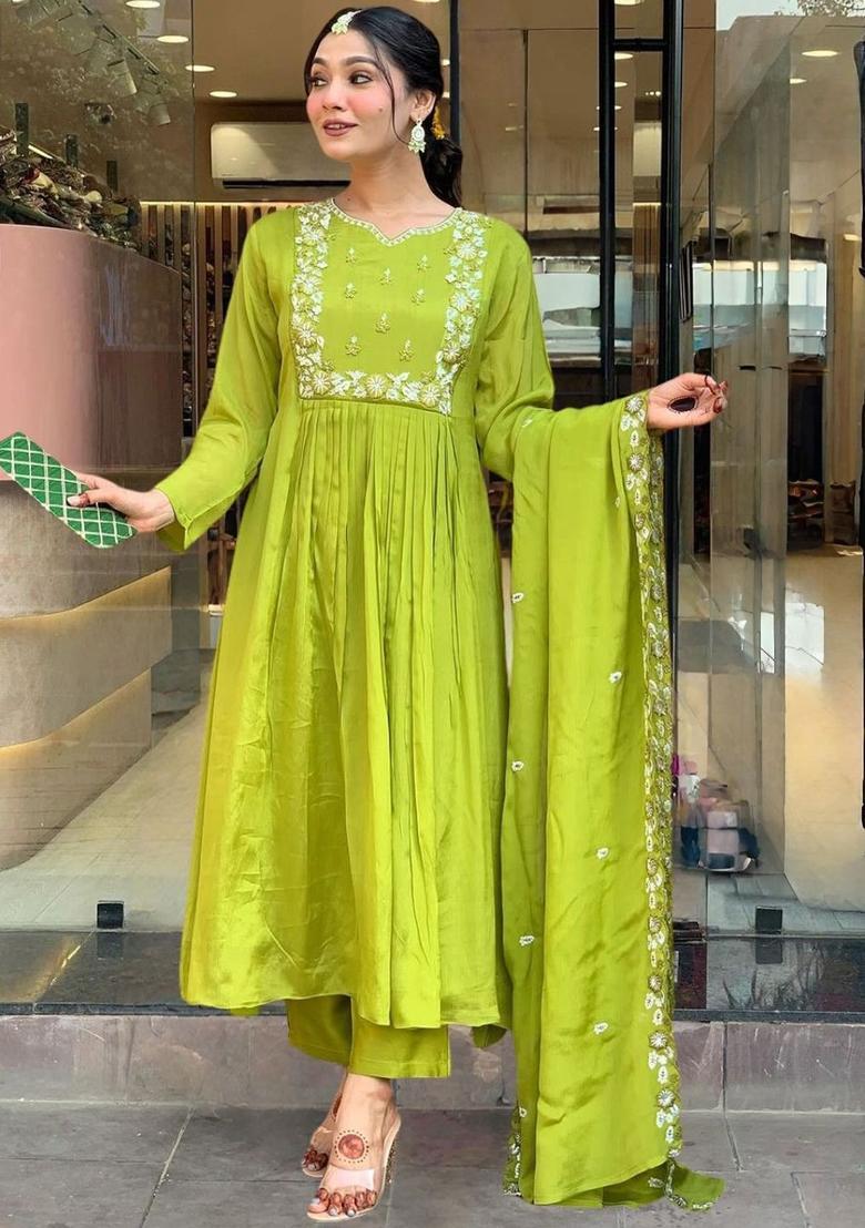 Yellow Embroidered Chinon Kurta Set - Indya