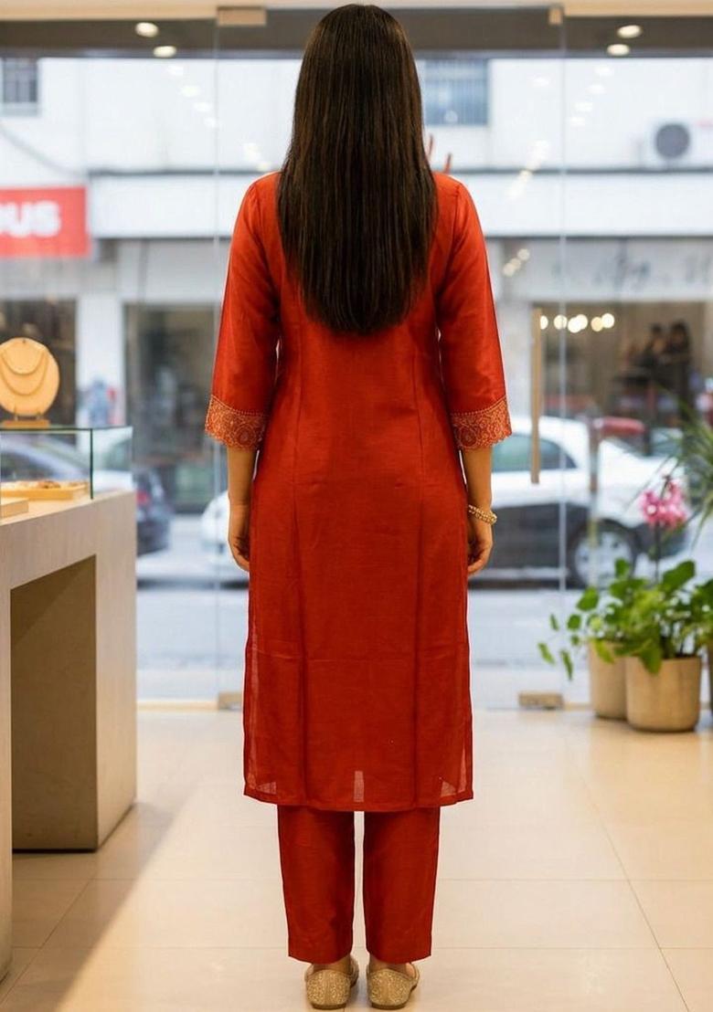 Orange Embroidered Chinon Kurta Set - Indya