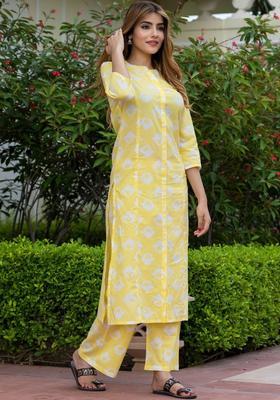 Yellow Printed Cotton Kurta Set