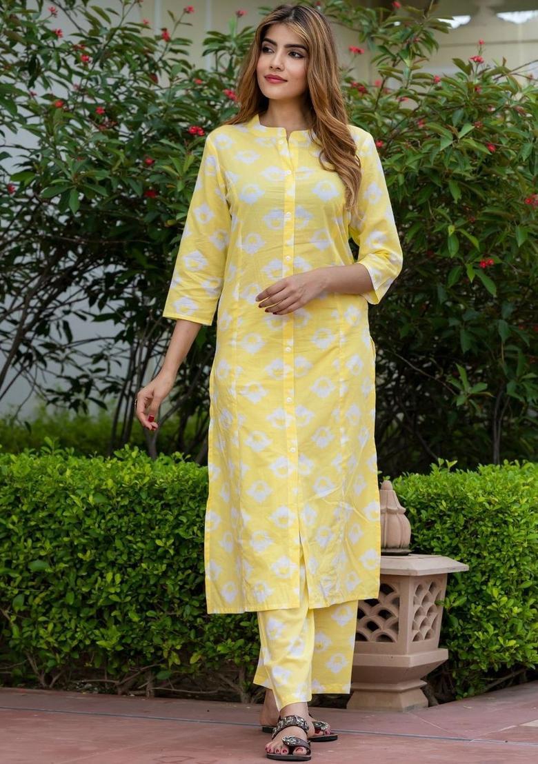 Yellow Printed Cotton Kurta Set - Indya