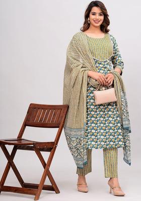 Green Printed Cotton Kurta Set