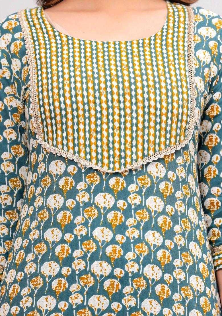 Green Printed Cotton Kurta Set - Indya