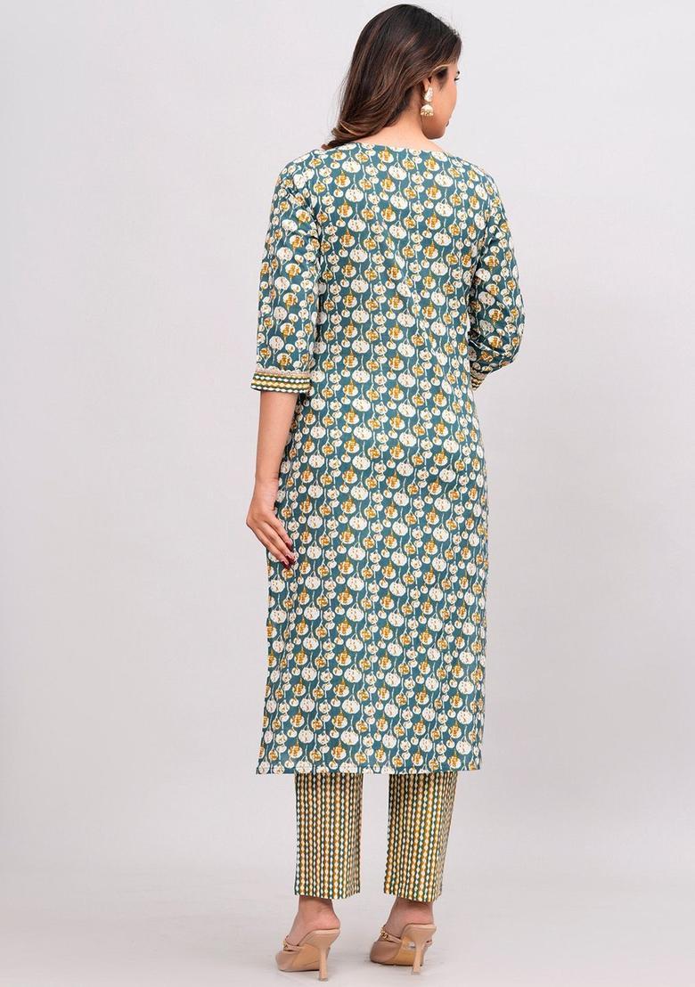 Green Printed Cotton Kurta Set - Indya