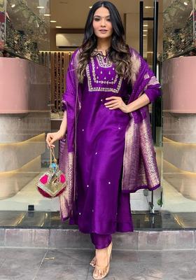 Purple Embroidered Viscose Kurta Set