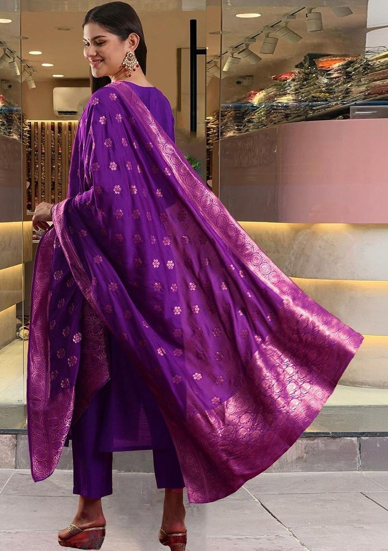 Purple Embroidered Viscose Kurta Set - Indya