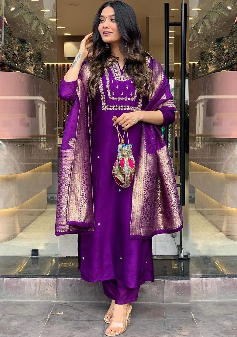 Purple Embroidered Viscose Kurta Set - Indya