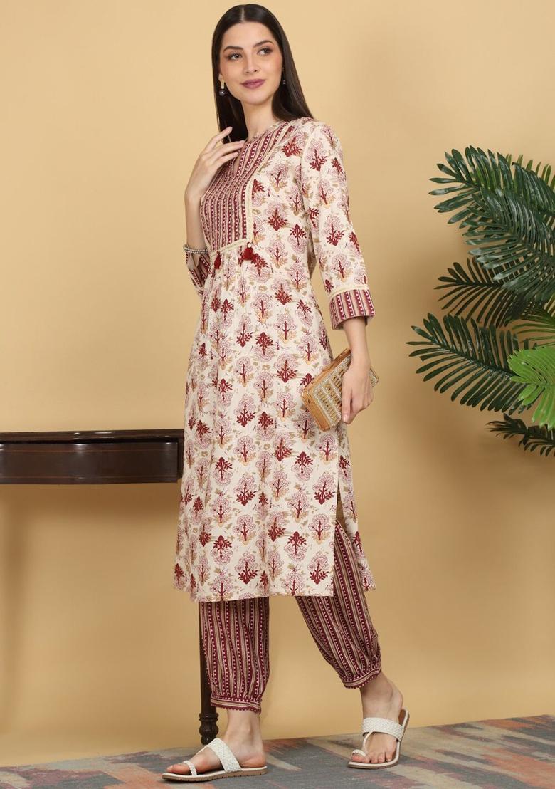Maroon Printed Viscose Kurta Set - Indya