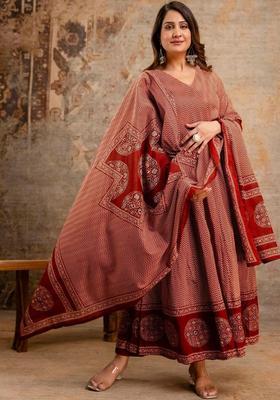 Maroon Printed Viscose Anarkali Set