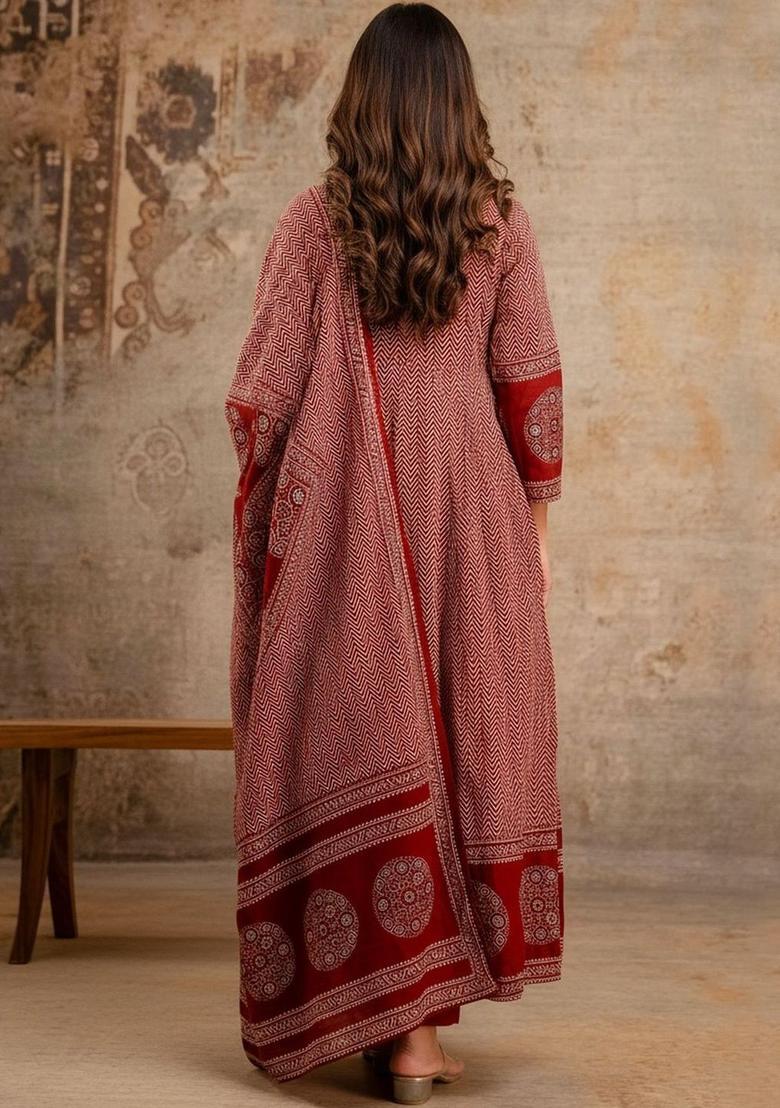 Maroon Printed Viscose Anarkali Set - Indya