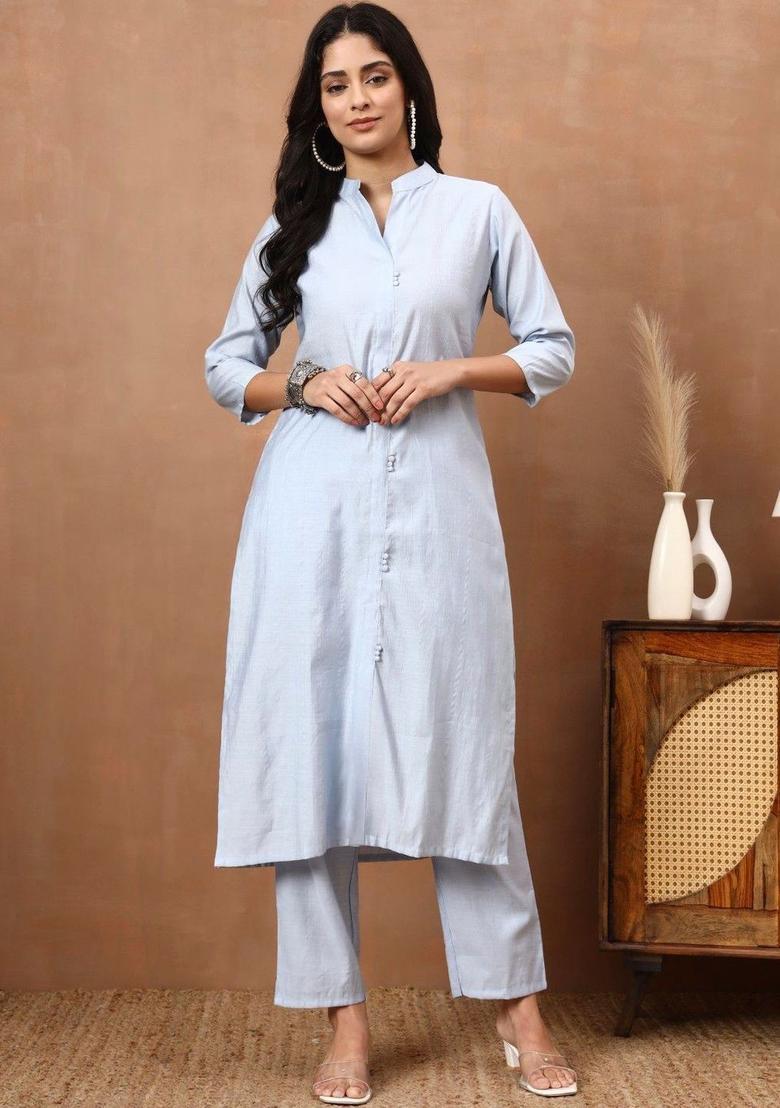 Light Blue Solid Viscose Kurta Set - Indya