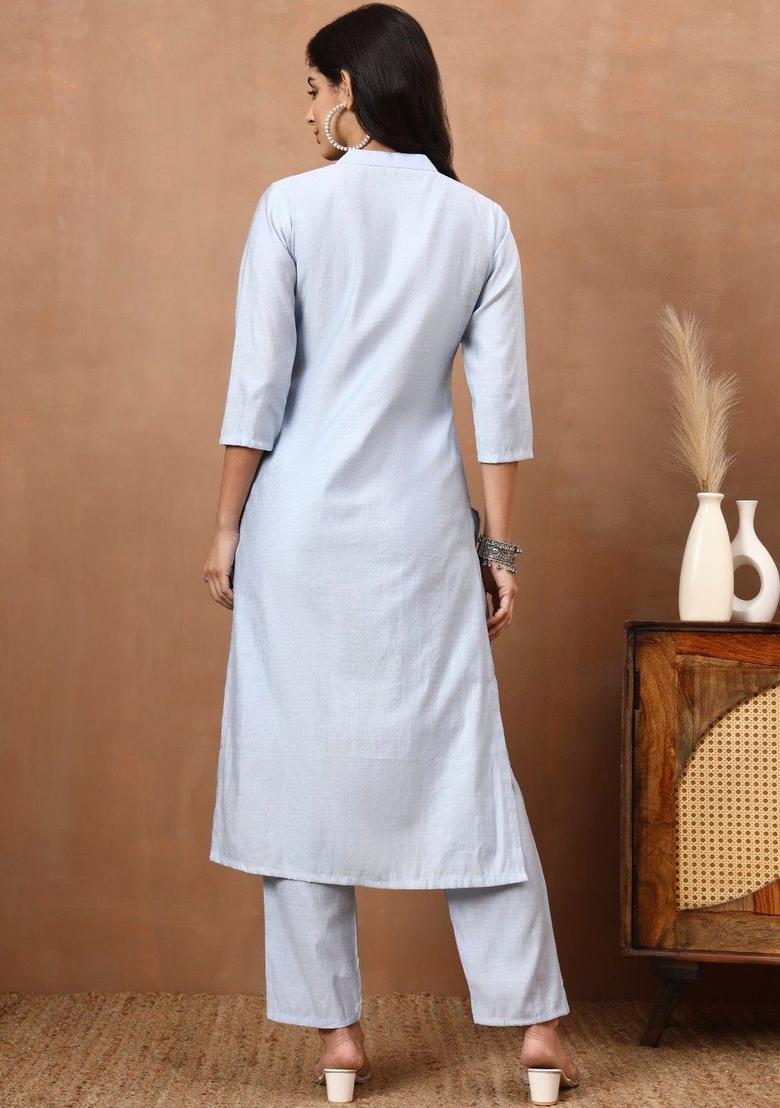 Light Blue Solid Viscose Kurta Set - Indya