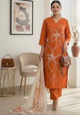 Orange Printed Viscose Kurta Set