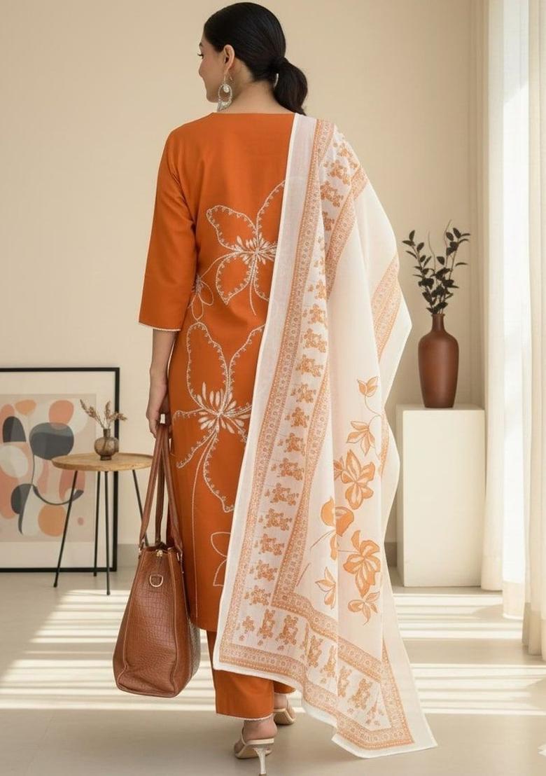 Orange Printed Viscose Kurta Set - Indya