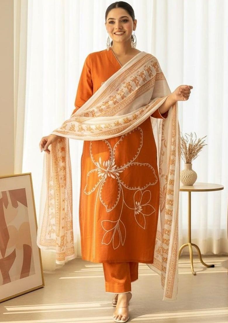Orange Printed Viscose Kurta Set - Indya