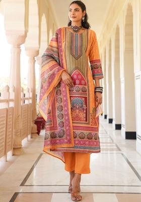 Orange Printed Viscose Kurta Set