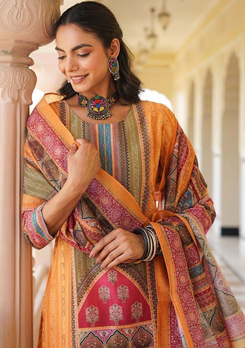 Orange Printed Viscose Kurta Set - Indya