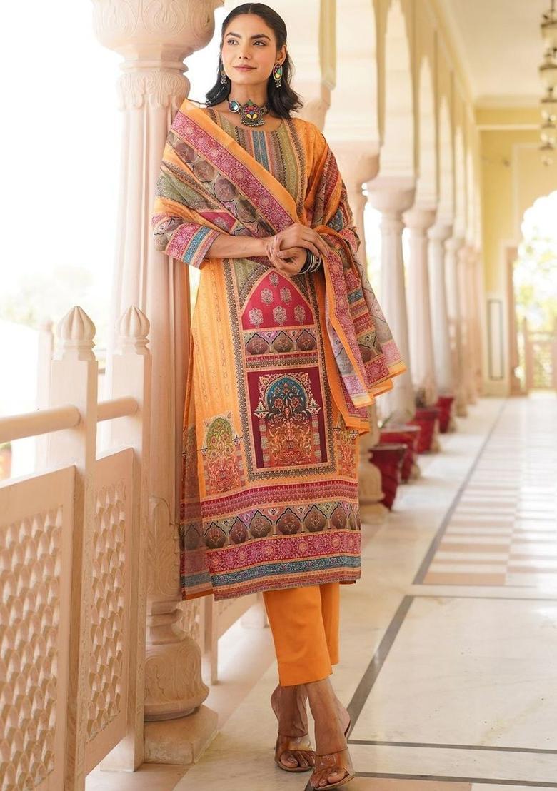 Orange Printed Viscose Kurta Set - Indya