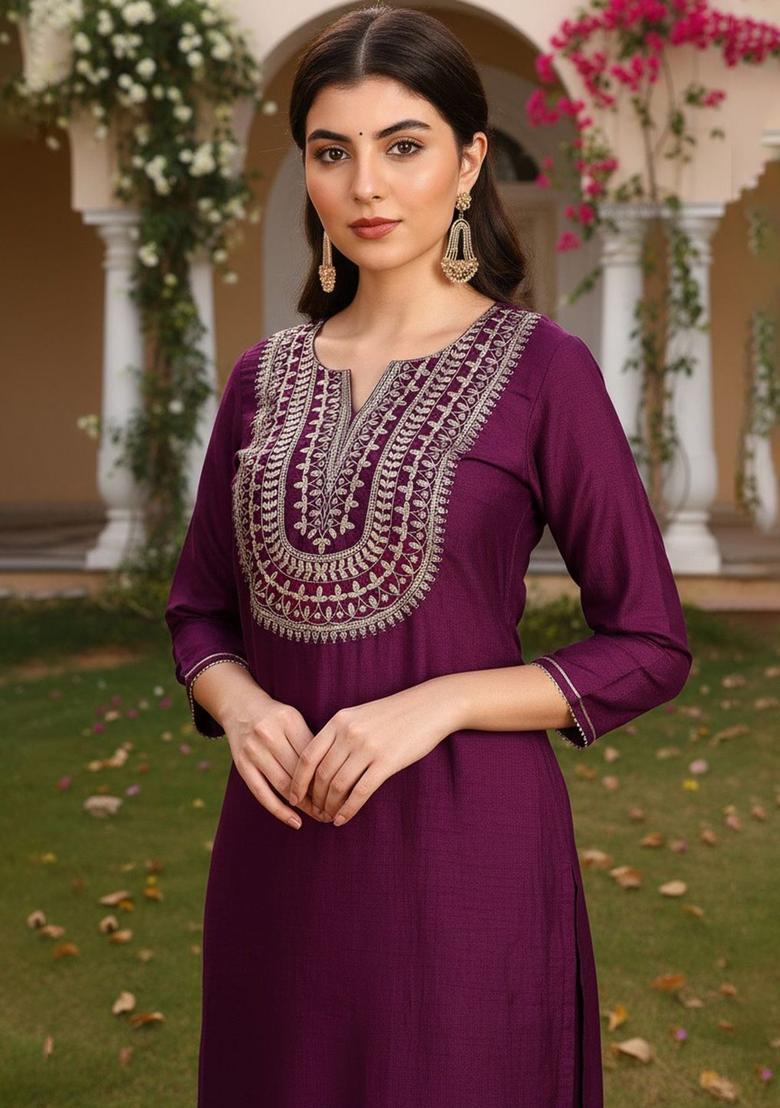 Burgundy Yoke Design Silk Kurta Set - Indya