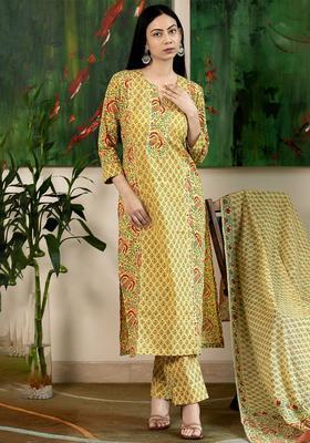 Yellow Printed Viscose Kurta Set