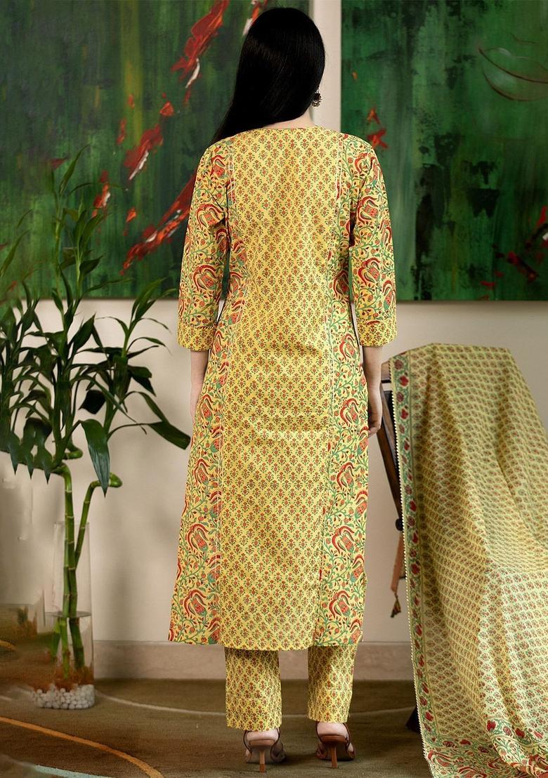Yellow Printed Viscose Kurta Set - Indya