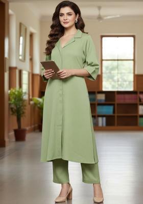 Lime Green Self Design Silk Kurta Set