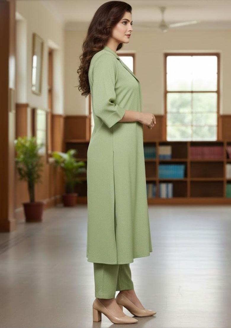 Lime Green Self Design Silk Kurta Set - Indya
