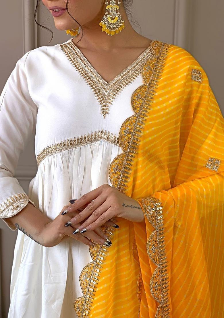 White Embroidered Silk Kurta Set - Indya