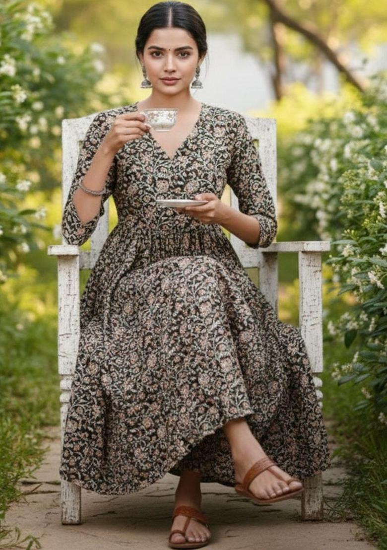 Black Printed Viscose Kurta Set - Indya