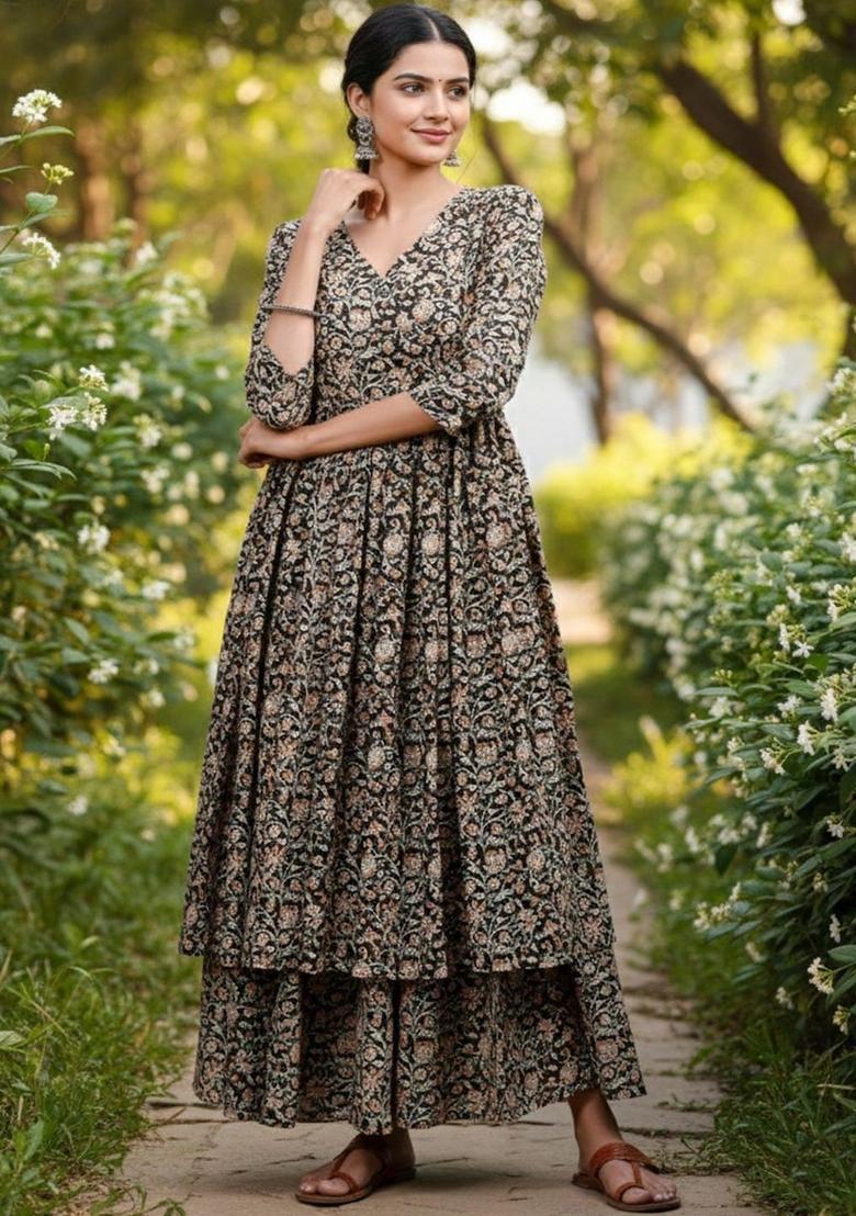 Black Printed Viscose Kurta Set - Indya